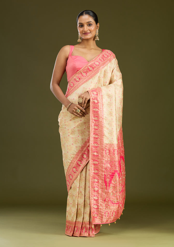 Cream Cutdana Silk Silk Saree