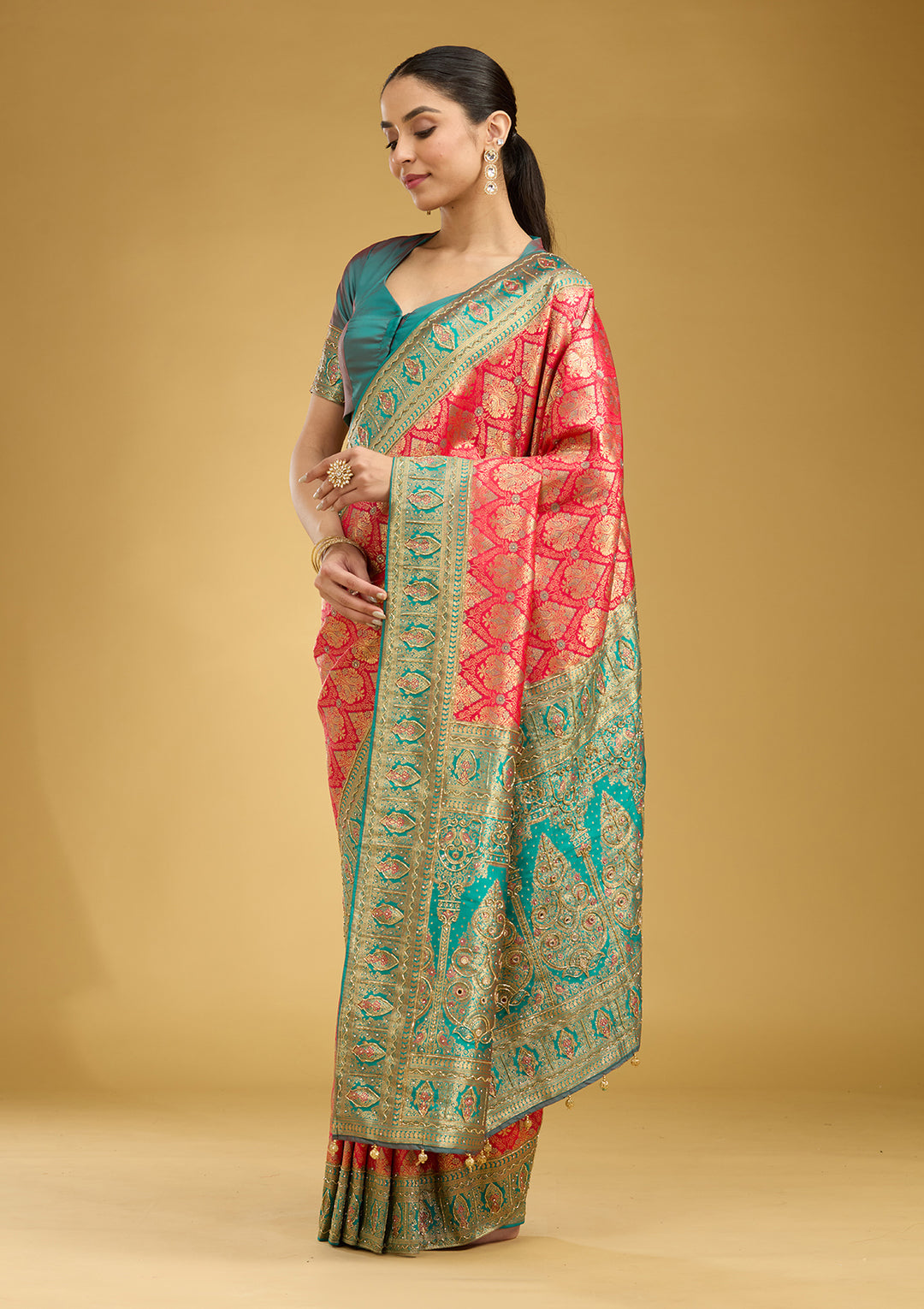 Rani Pink Cutdana Silk Saree