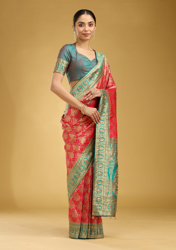 Rani Pink Cutdana Silk Saree