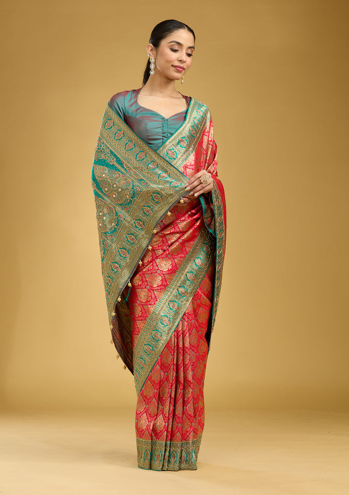 Rani Pink Cutdana Silk Saree