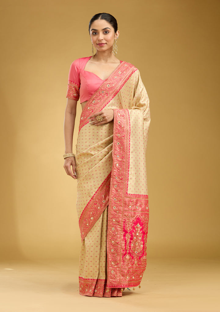 Cream Aariwork Art Silk Saree
