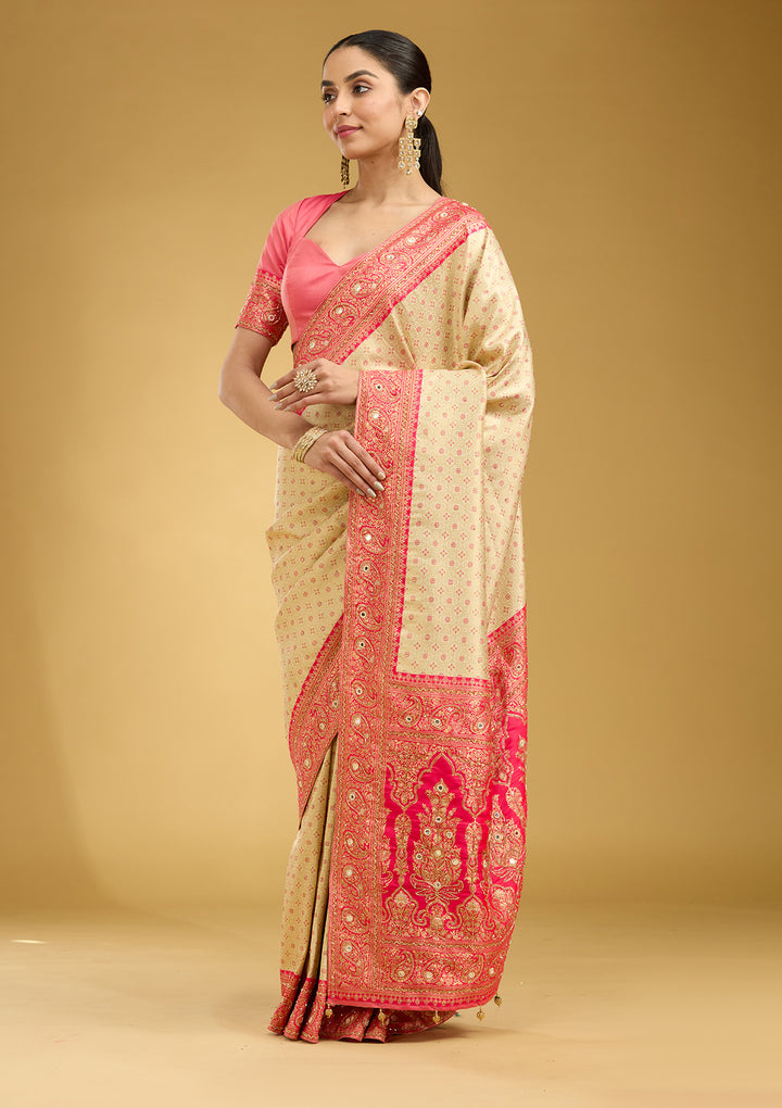 Cream Aariwork Art Silk Saree