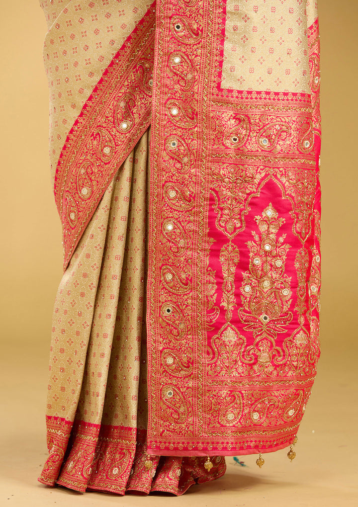 Cream Aariwork Art Silk Saree