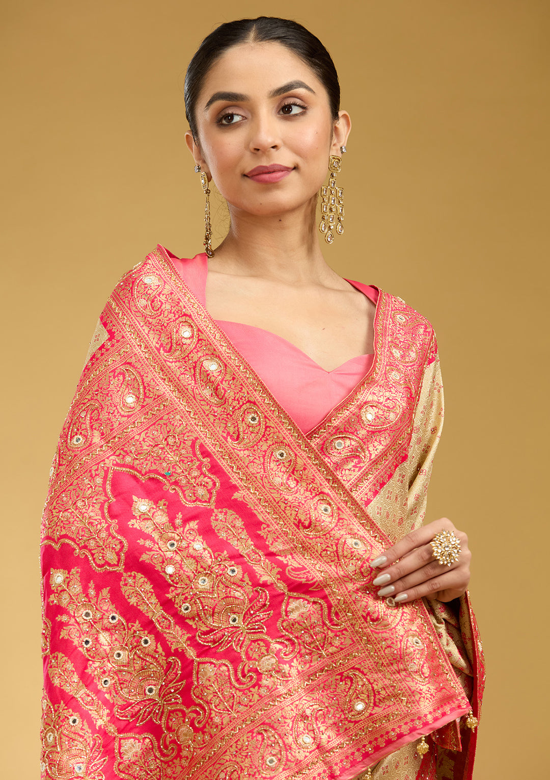 Cream Aariwork Art Silk Saree
