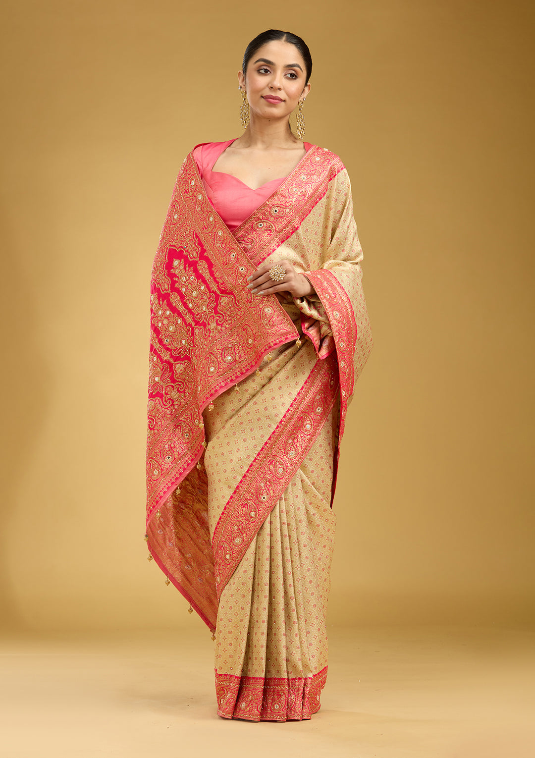 Cream Aariwork Art Silk Saree