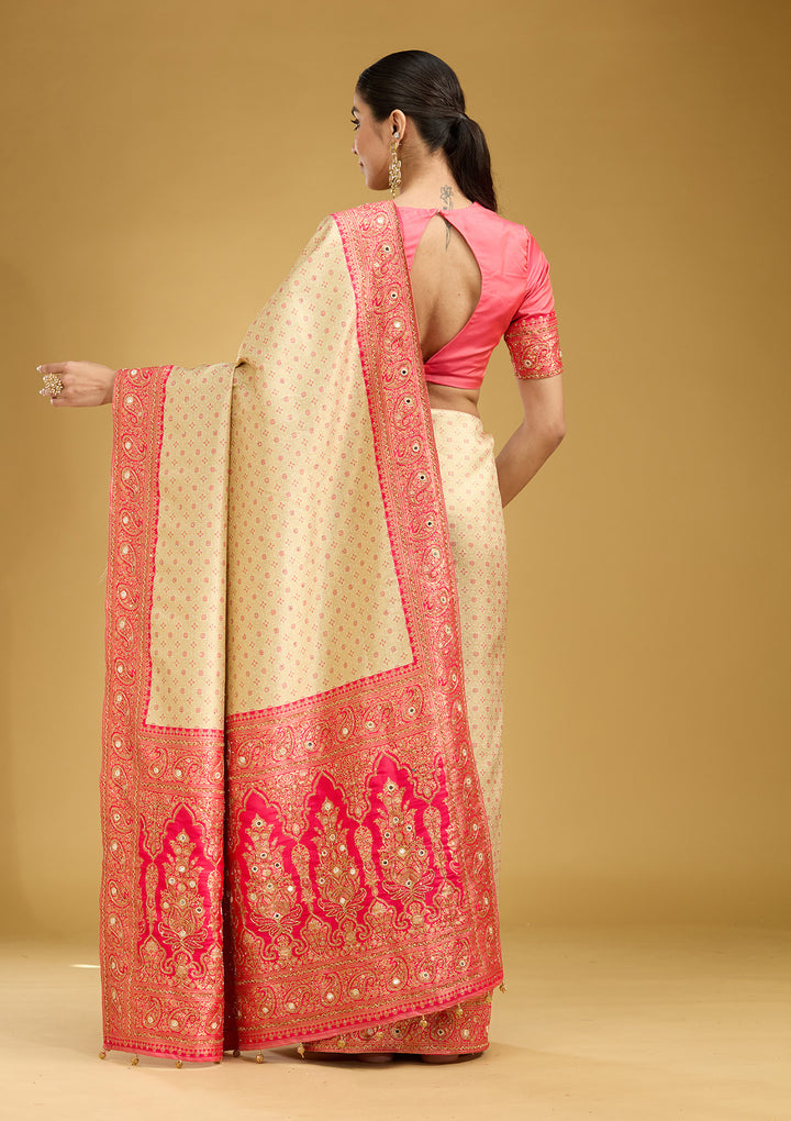 Cream Aariwork Art Silk Saree