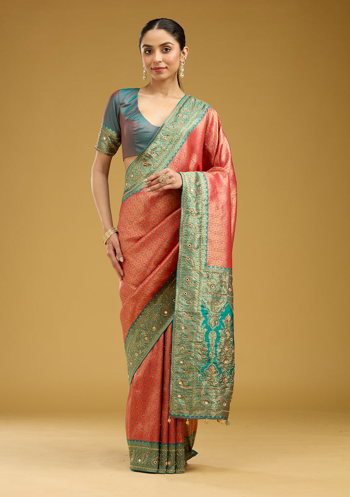 Red Aariwork Art Silk Saree