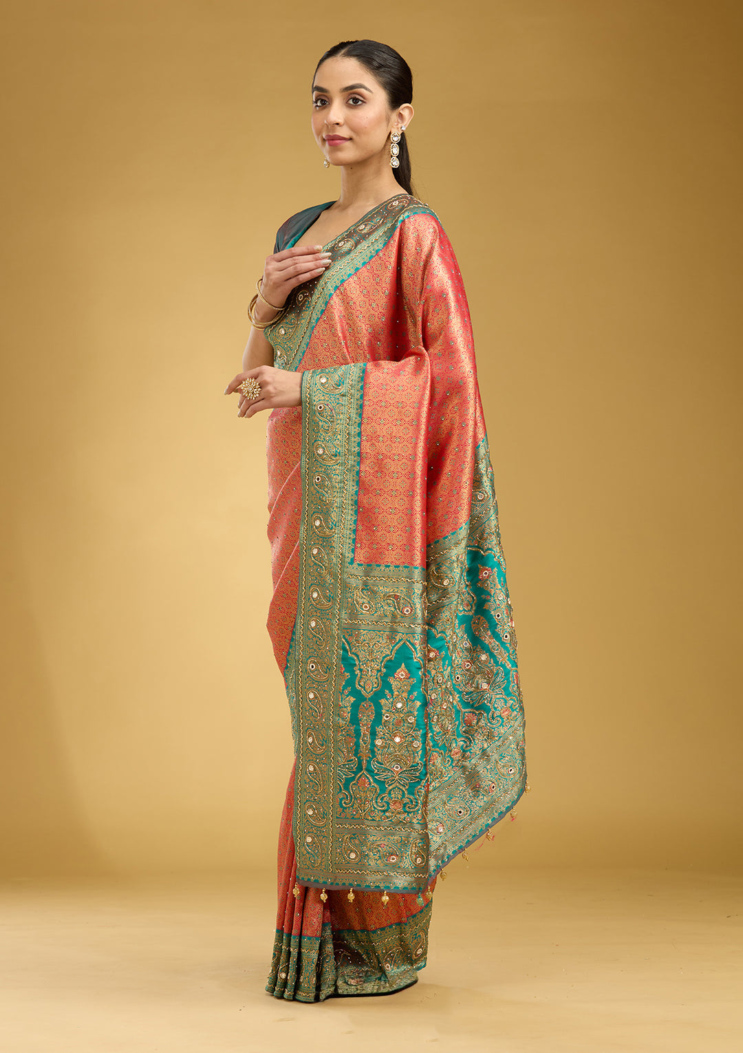 Red Aariwork Art Silk Saree