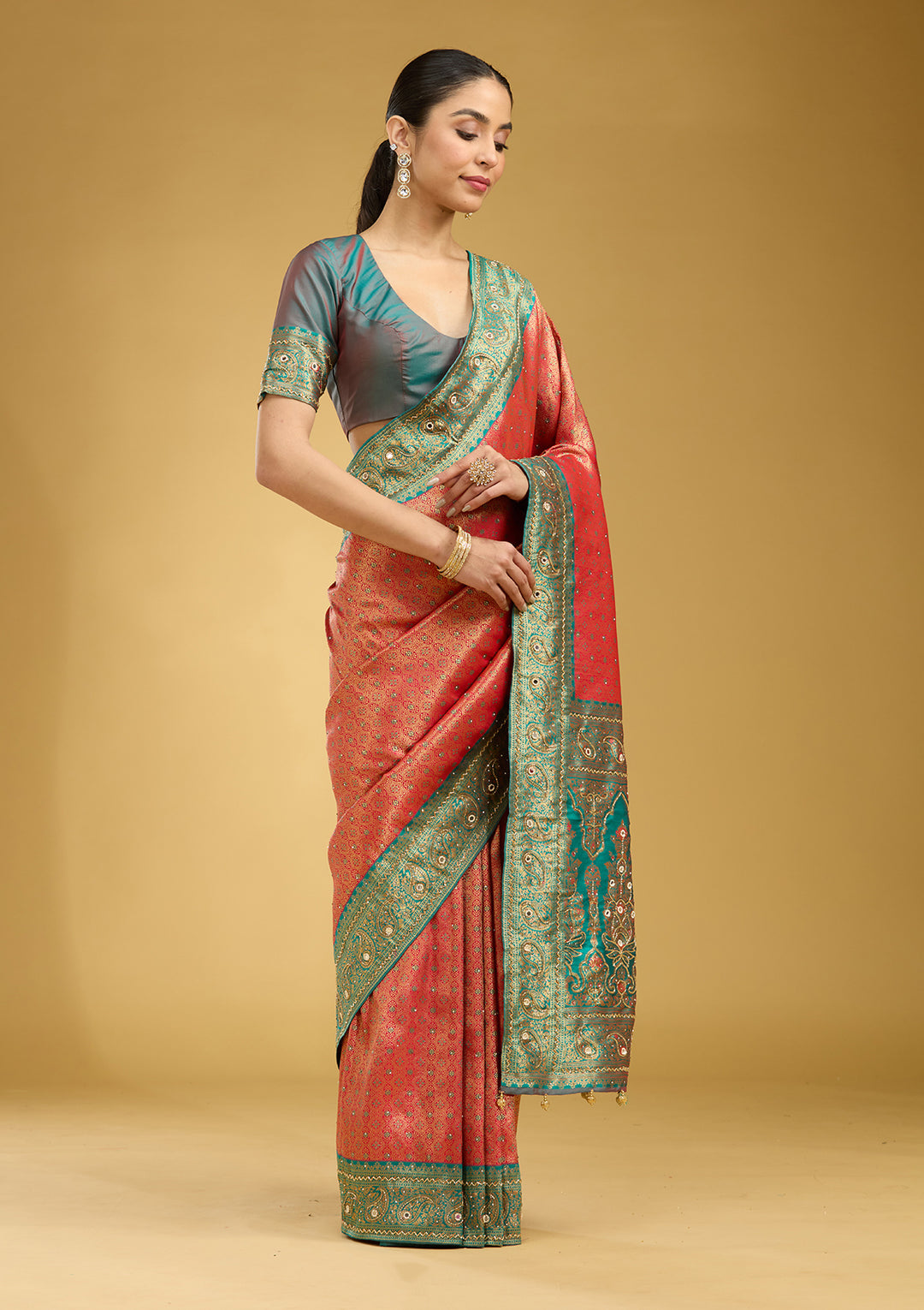 Red Aariwork Art Silk Saree
