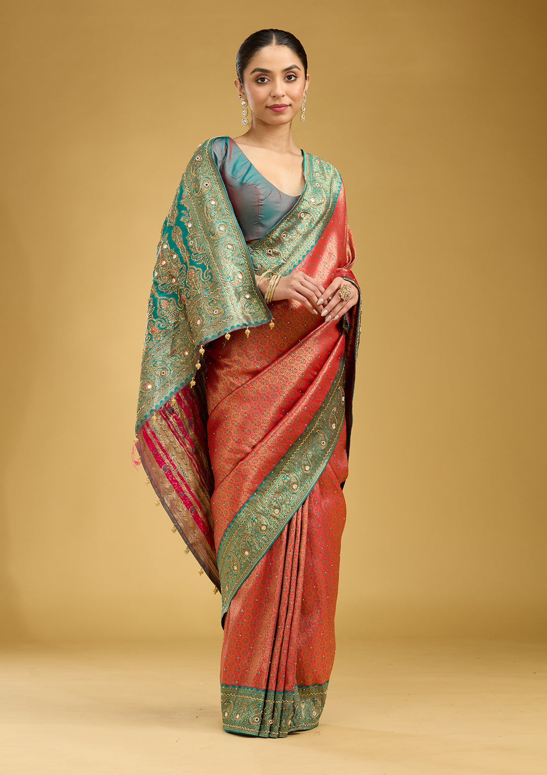 Red Aariwork Art Silk Saree