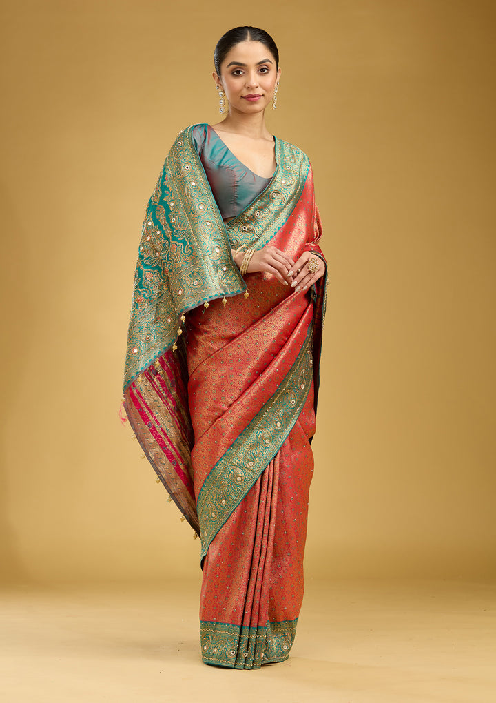 Red Aariwork Art Silk Saree