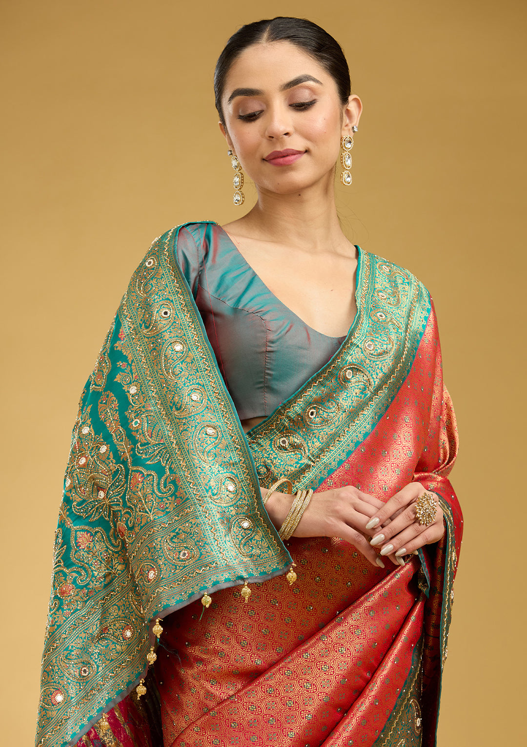 Red Aariwork Art Silk Saree