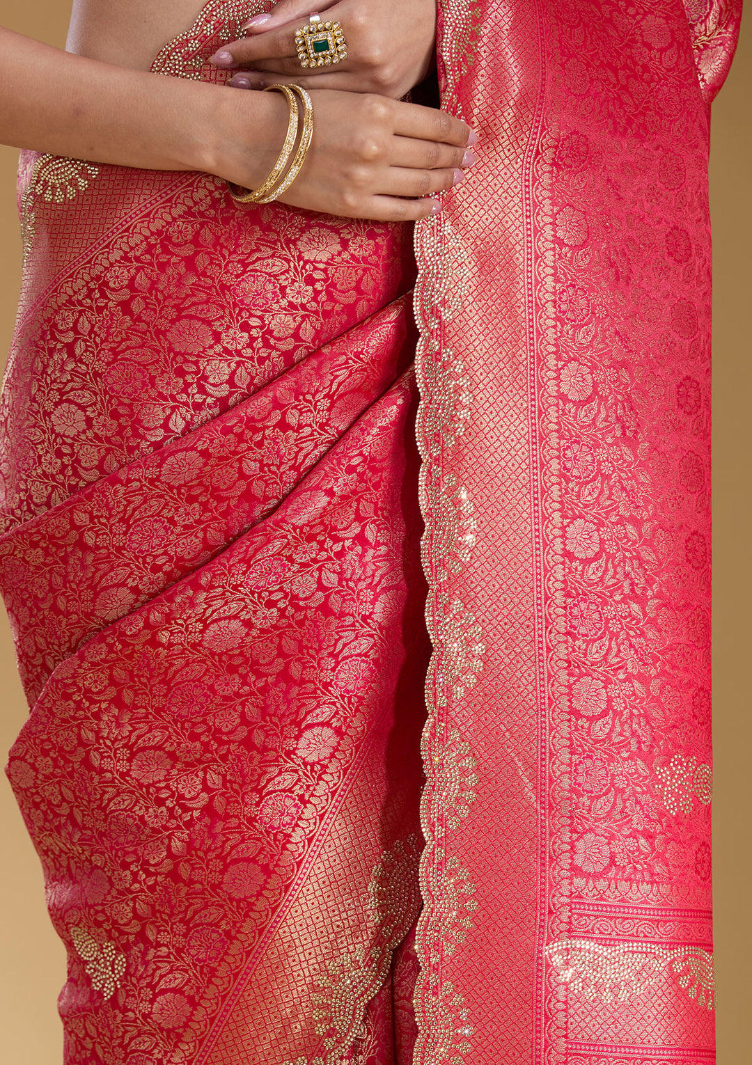 Rani Pink Stonework (Silver) Art Silk Silk_Saree