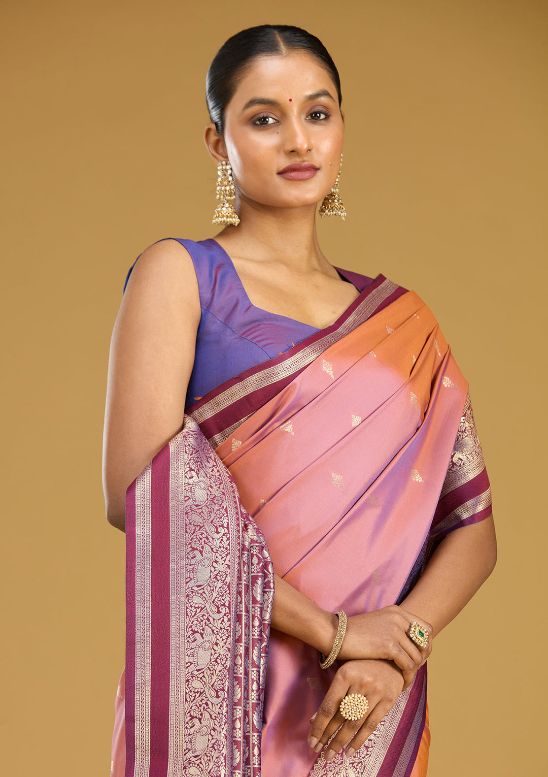 Onion Pink Zariwork (Gold) Silk Silk Saree
