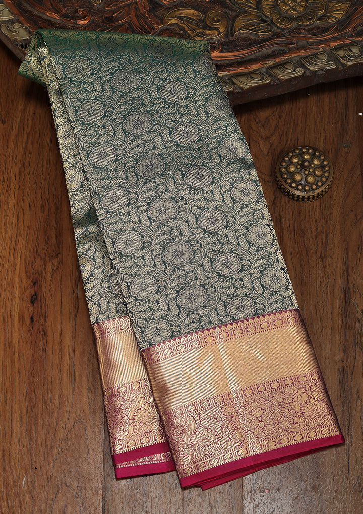 Bottle Green Zariwork Pure Silk Saree