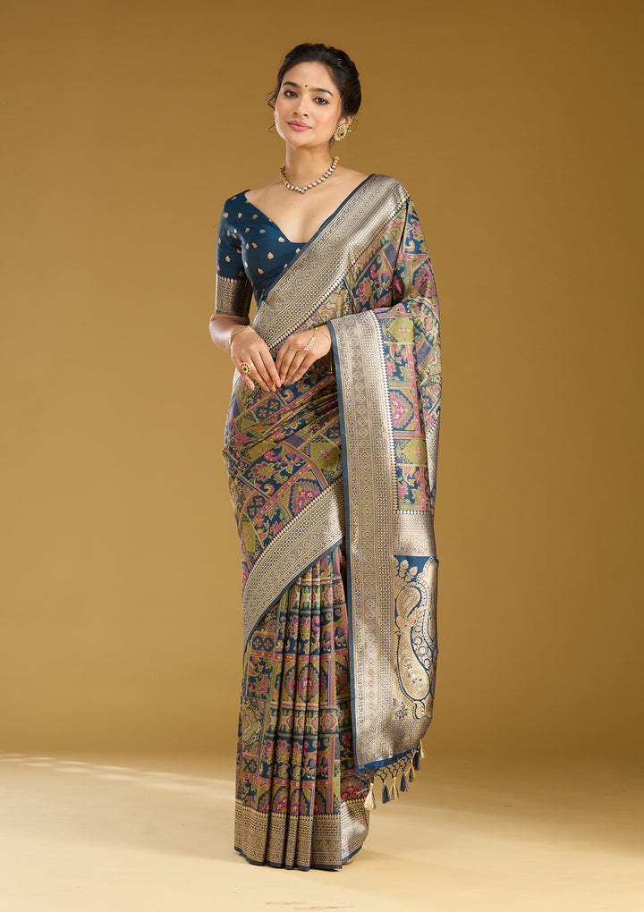 Peacock Blue Zariwork (Silver) Art Silk Silk_Saree