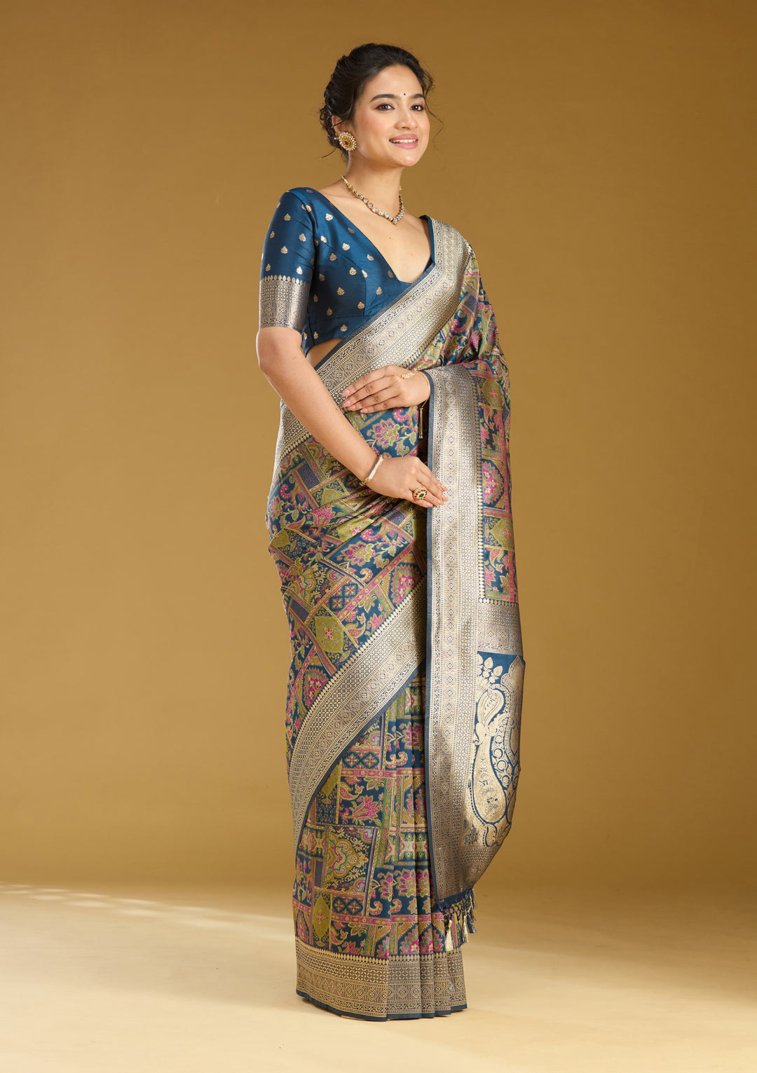 Peacock Blue Zariwork (Silver) Art Silk Silk_Saree