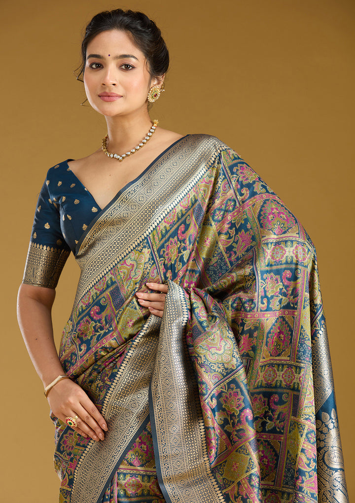 Peacock Blue Zariwork (Silver) Art Silk Silk_Saree
