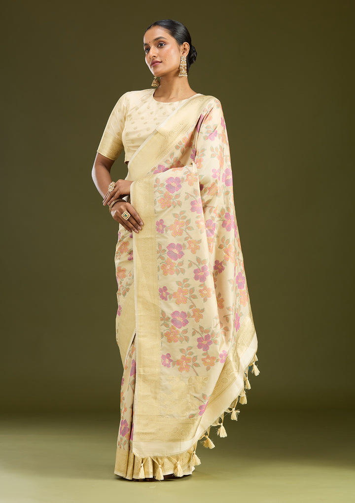 Cream Zariwork (Gold) Art Silk Silk Saree