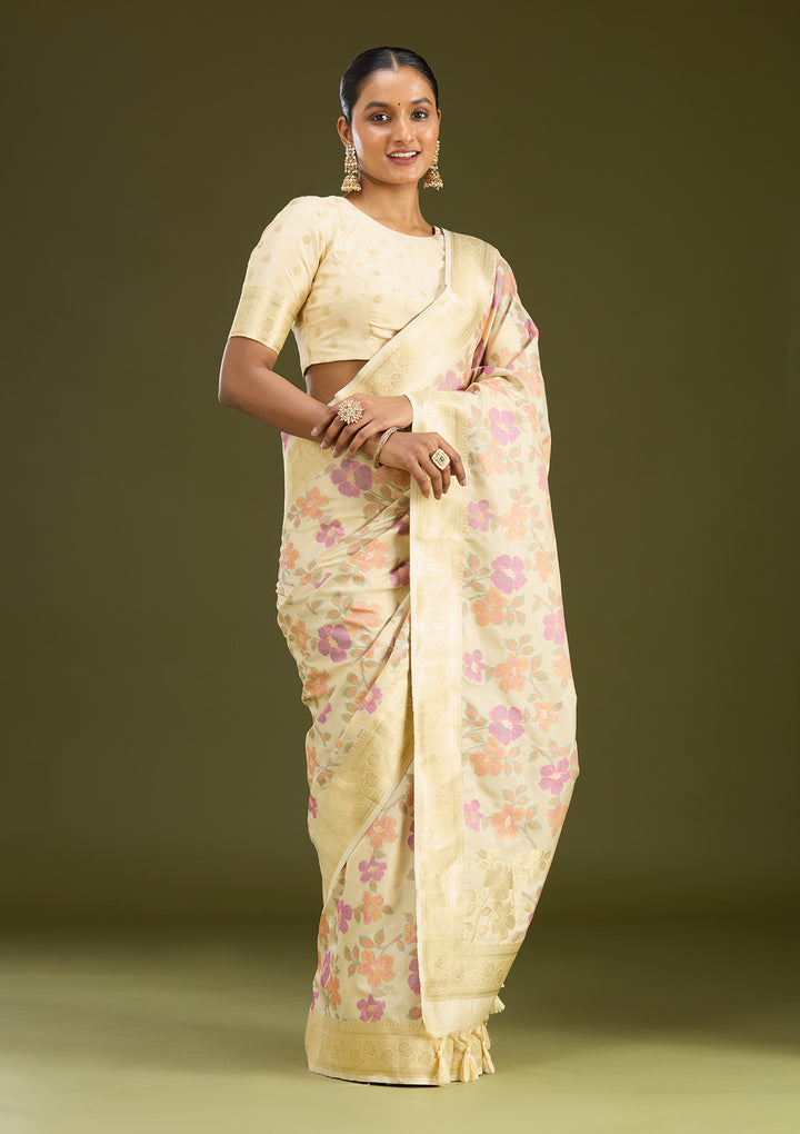 Cream Zariwork (Gold) Art Silk Silk Saree