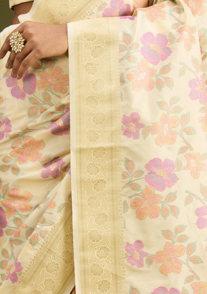 Cream Zariwork (Gold) Art Silk Silk Saree