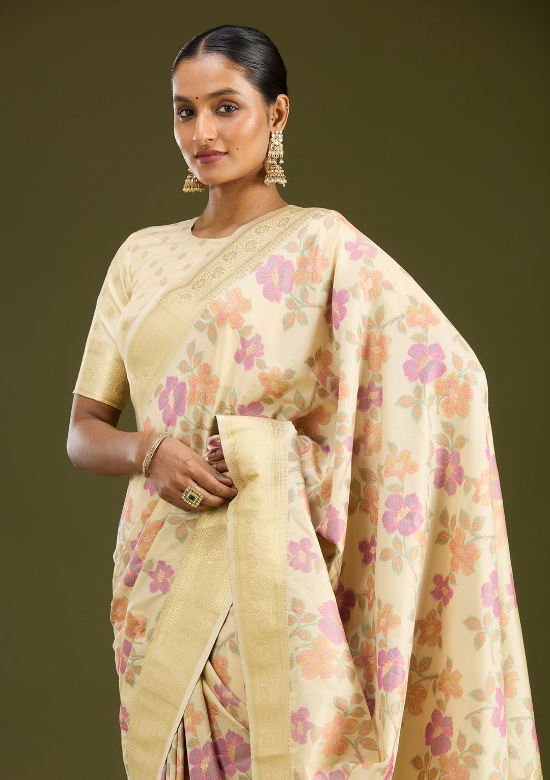 Cream Zariwork (Gold) Art Silk Silk Saree