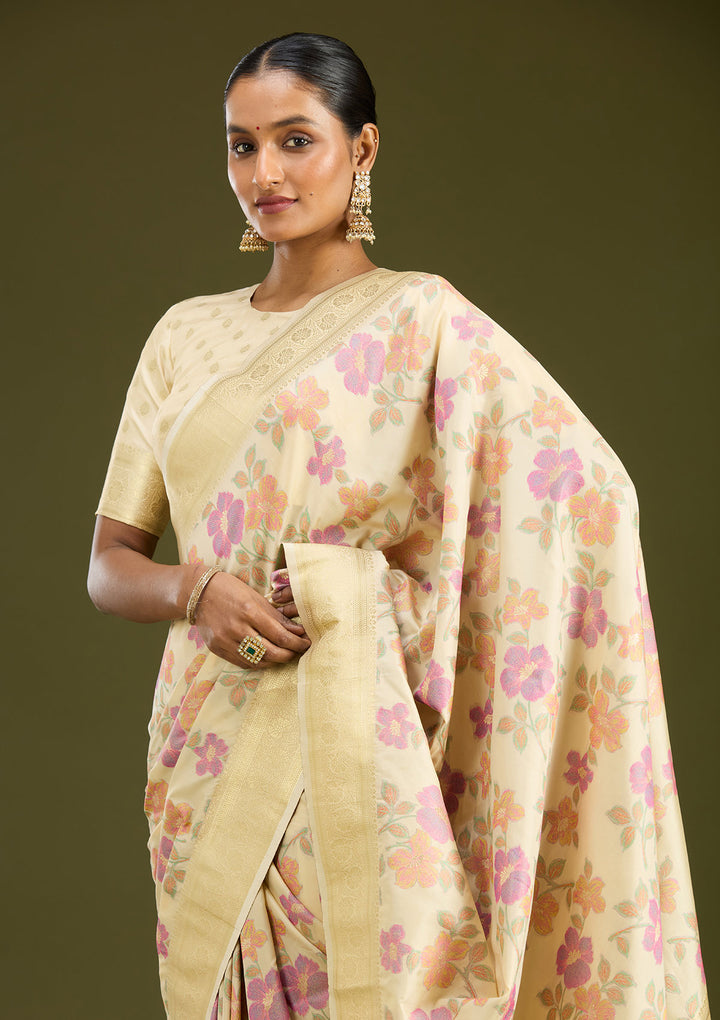 Cream Zariwork (Gold) Art Silk Silk Saree