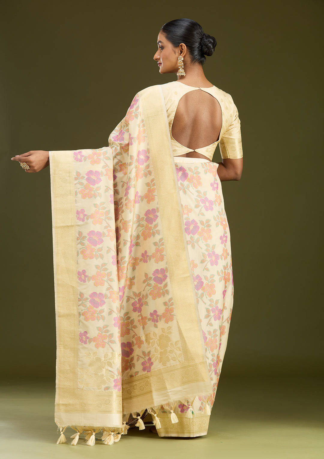 Cream Zariwork (Gold) Art Silk Silk Saree