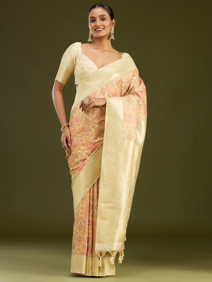 Cream Zariwork (Gold) Art Silk Silk Saree