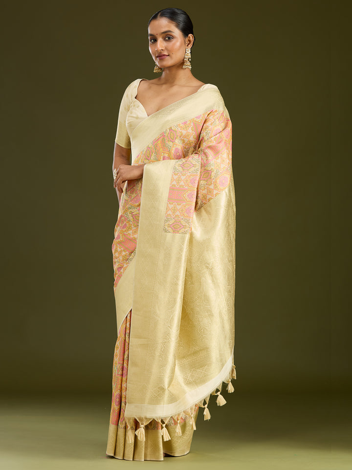 Cream Zariwork (Gold) Art Silk Silk Saree