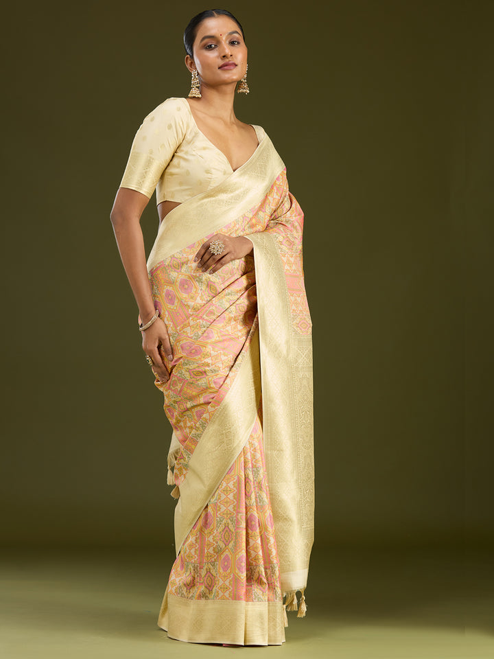 Cream Zariwork (Gold) Art Silk Silk Saree