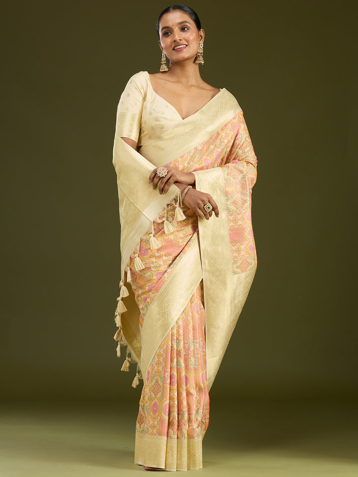 Cream Zariwork (Gold) Art Silk Silk Saree