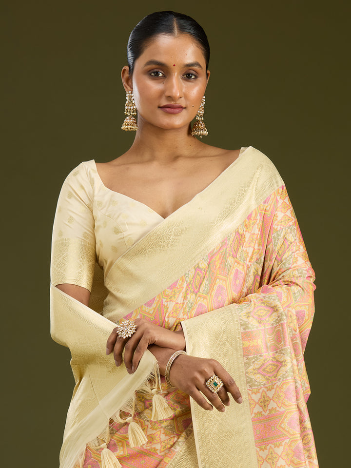 Cream Zariwork (Gold) Art Silk Silk Saree