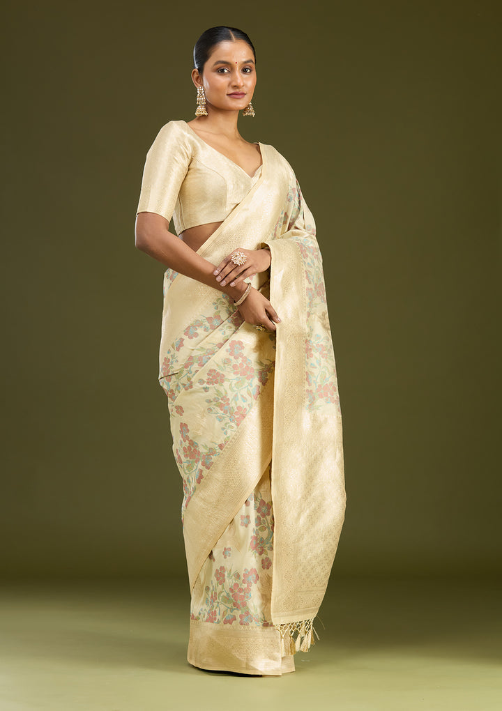 Cream Zariwork (Silver) Art Silk Silk Saree