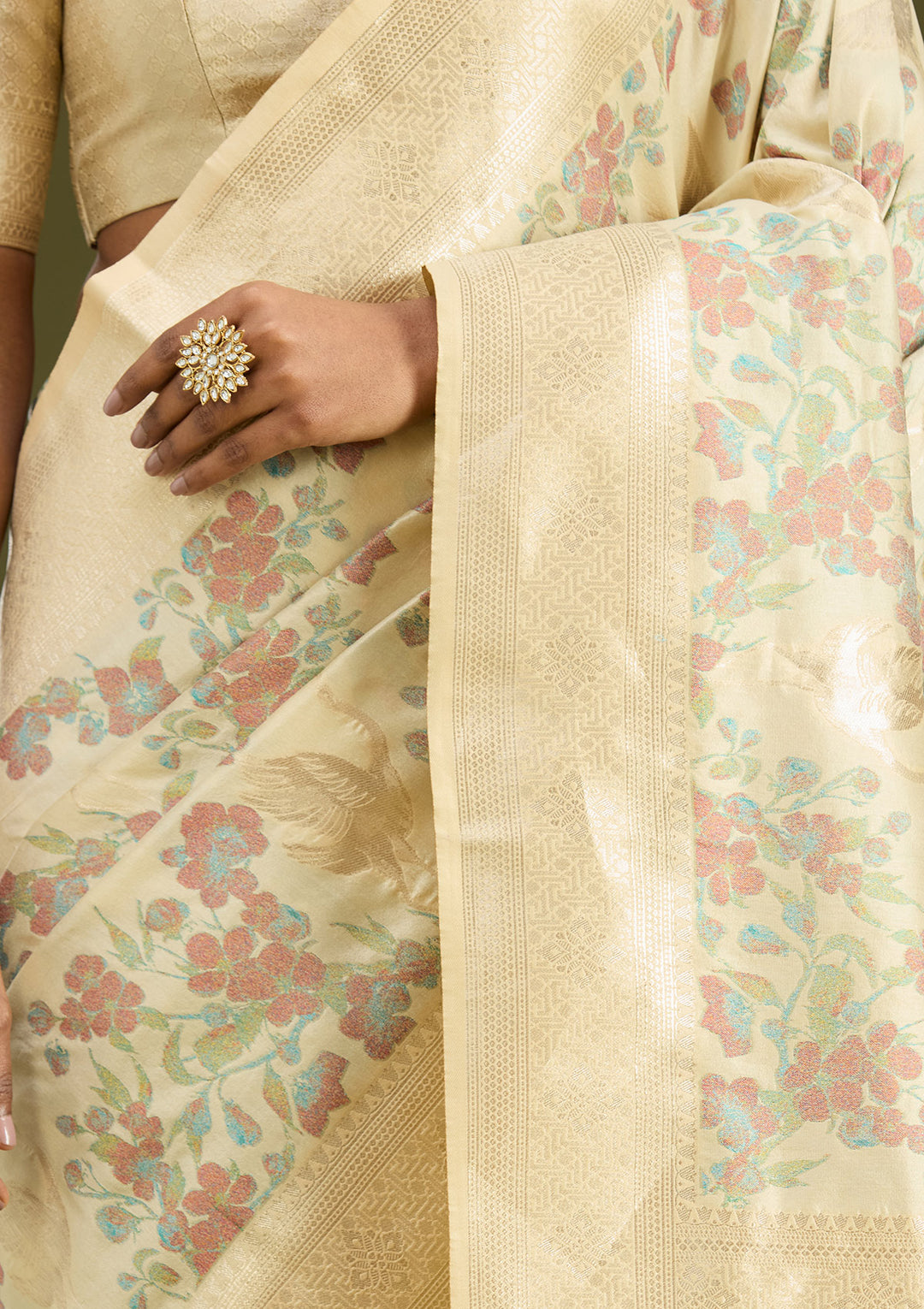 Cream Zariwork (Silver) Art Silk Silk Saree