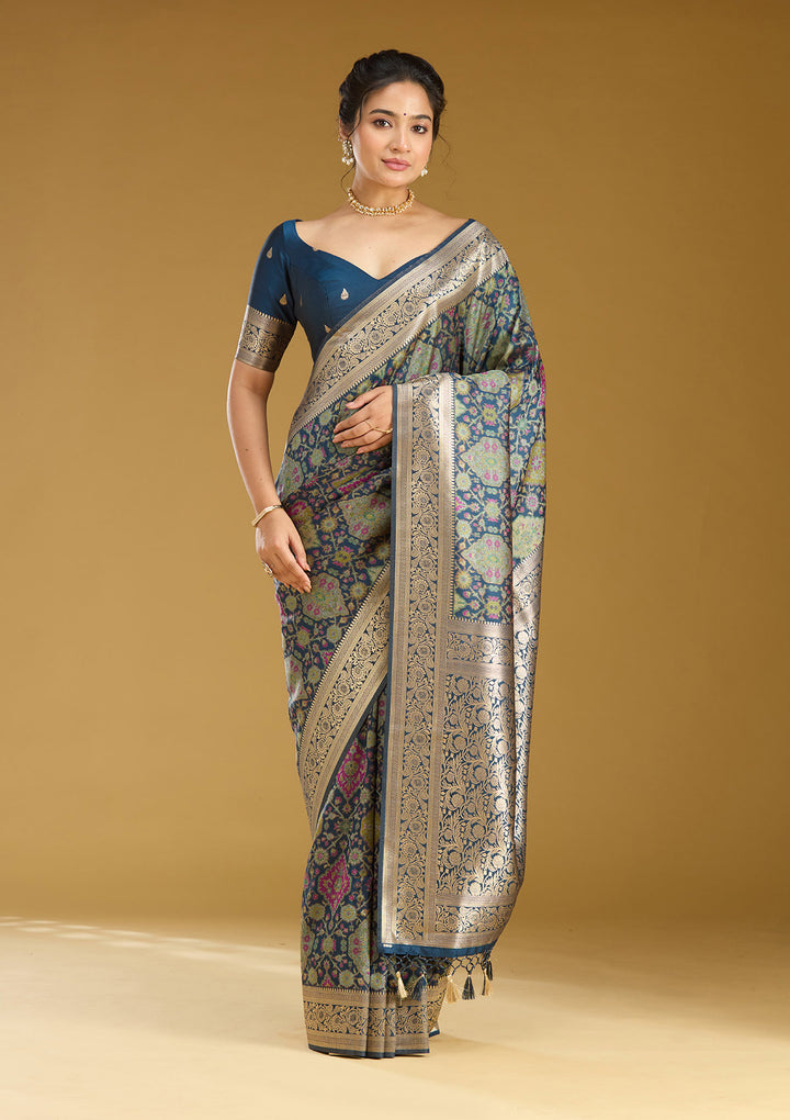 Peacock Blue Zariwork (Silver) Art Silk Saree