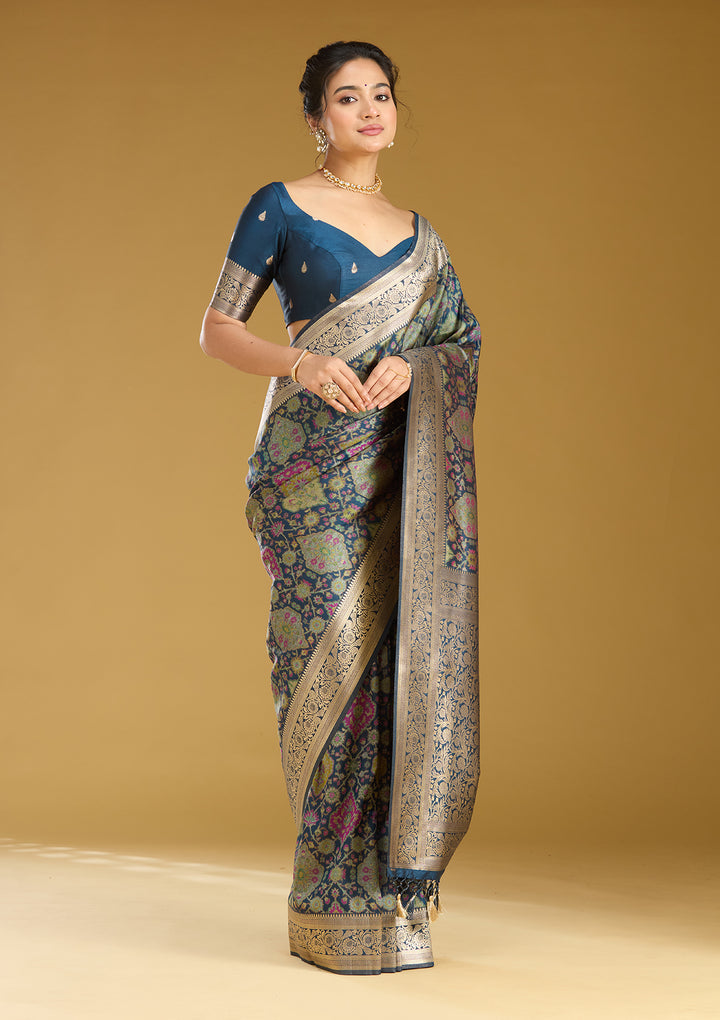 Peacock Blue Zariwork (Silver) Art Silk Saree