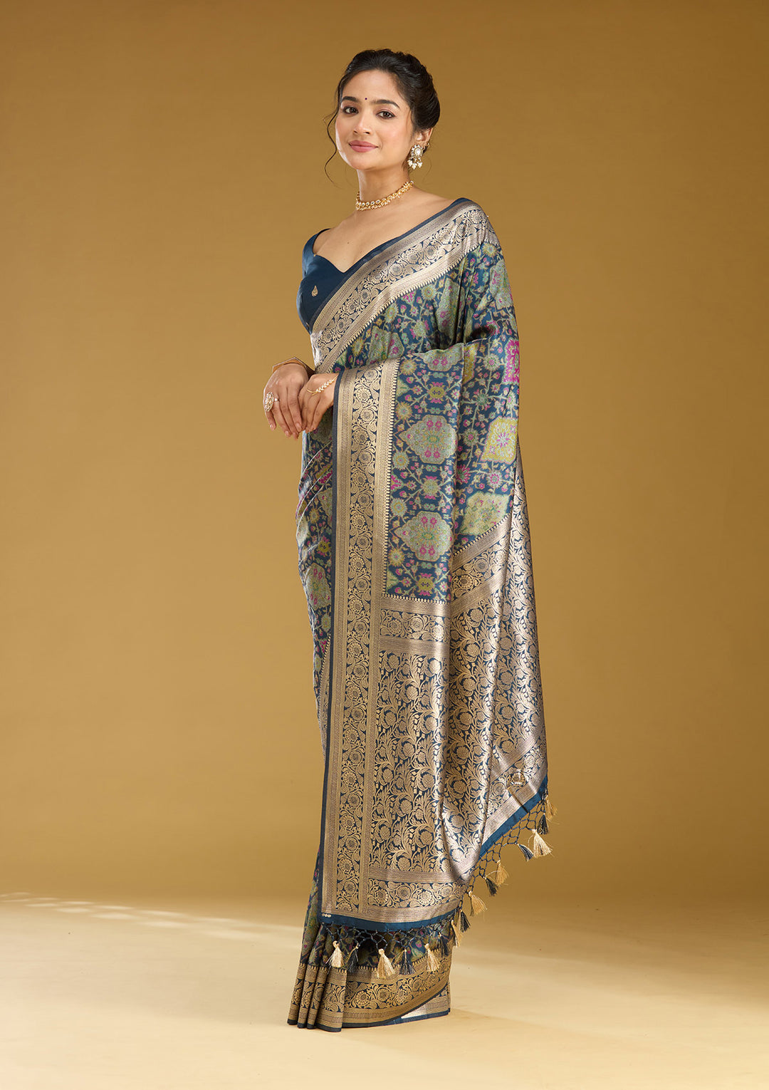 Peacock Blue Zariwork (Silver) Art Silk Saree