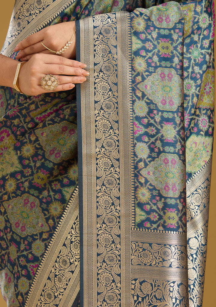 Peacock Blue Zariwork (Silver) Art Silk Saree