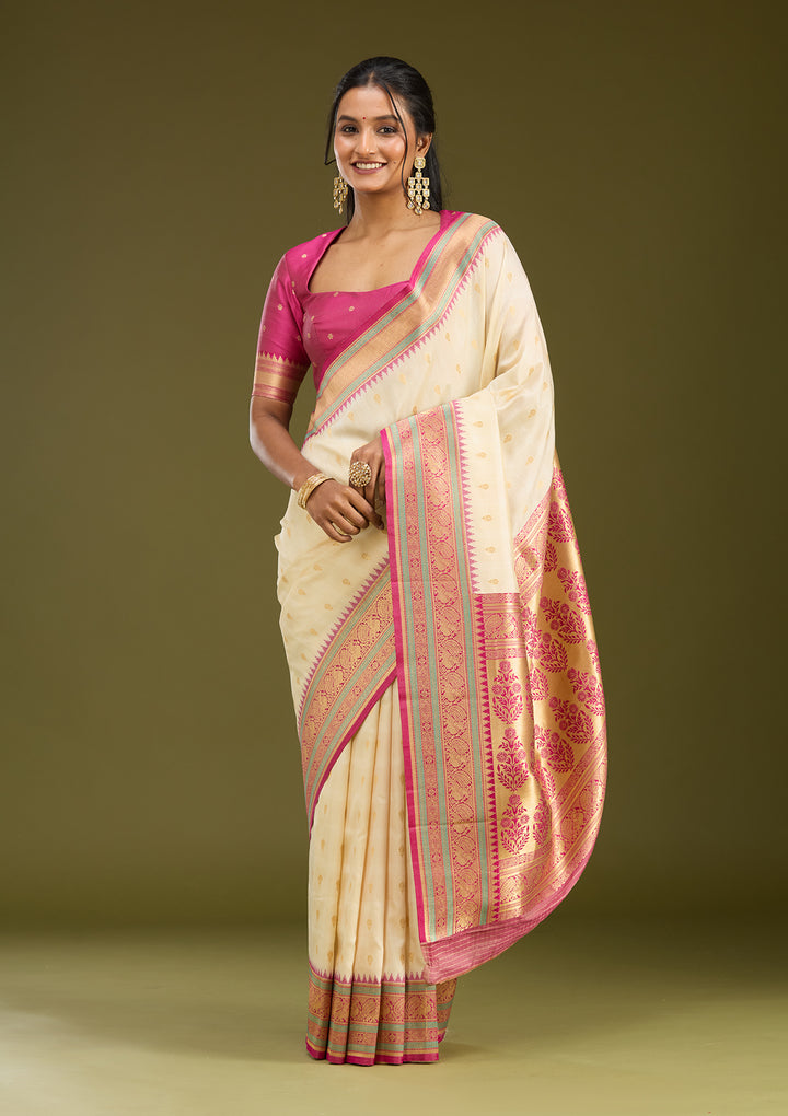 Off White Zariwork (Gold) Silk Saree