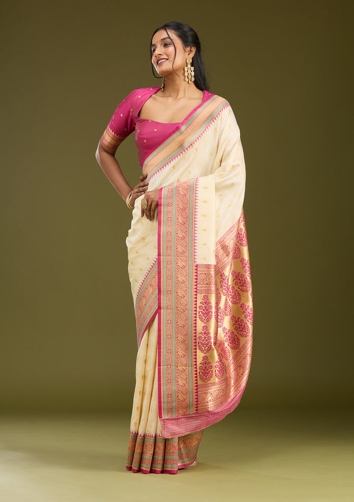 Off White Zariwork (Gold) Silk Saree