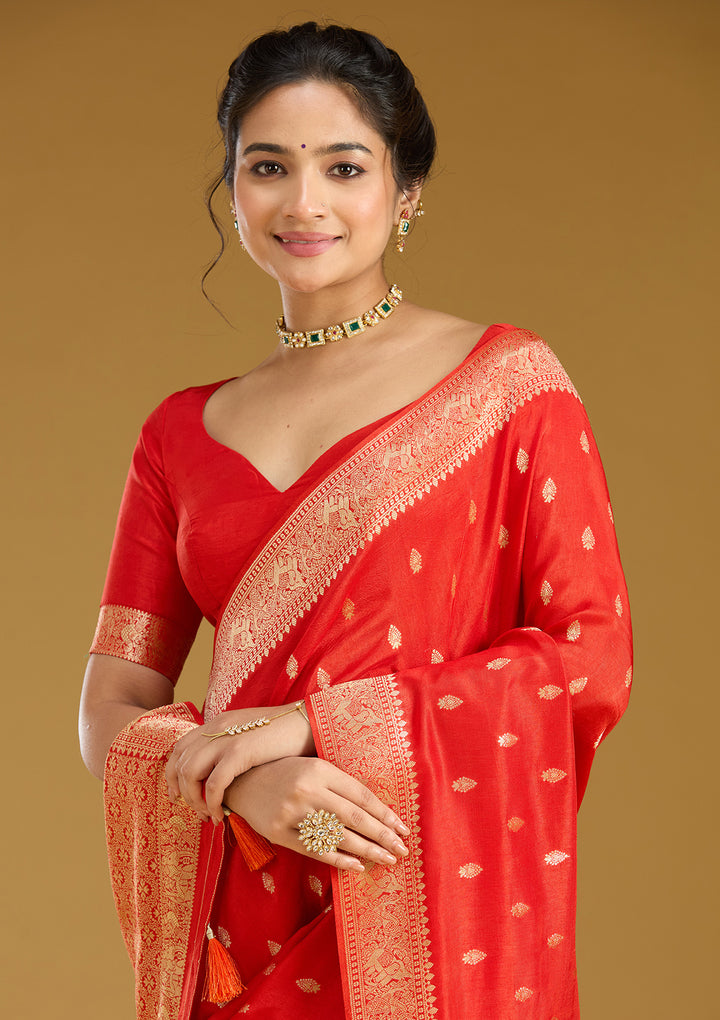 Orange Zariwork (Gold) Silk Silk Saree