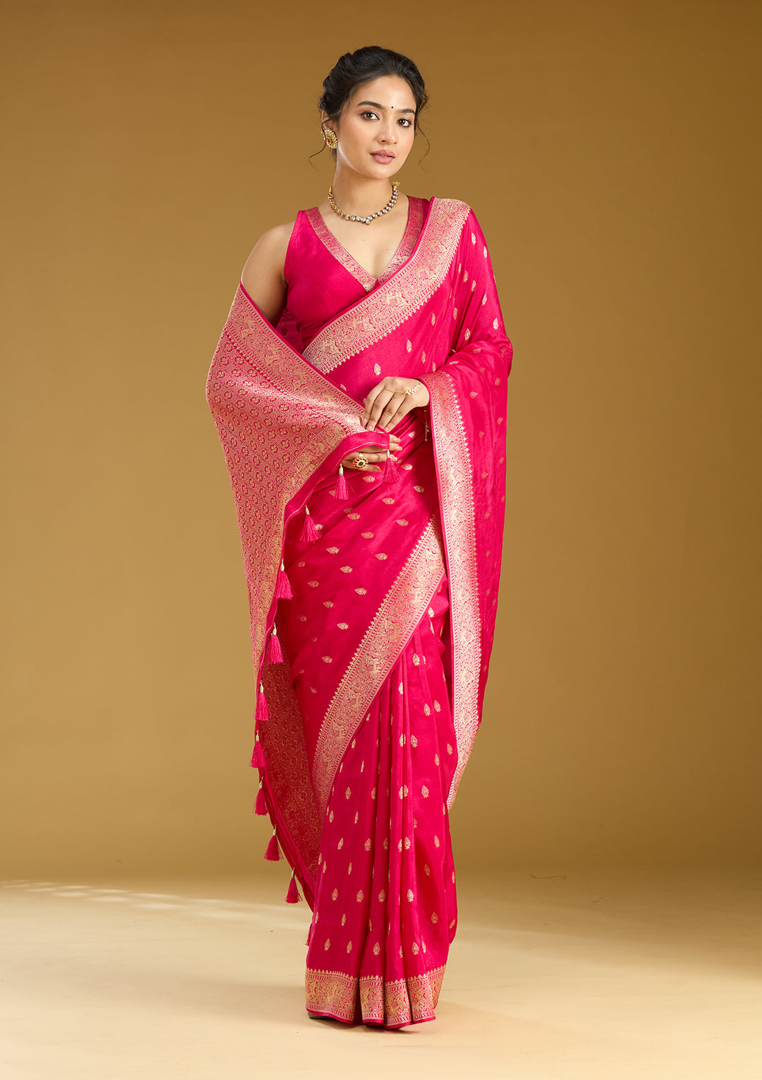 Rani Pink Zariwork (Gold) Silk Silk Saree