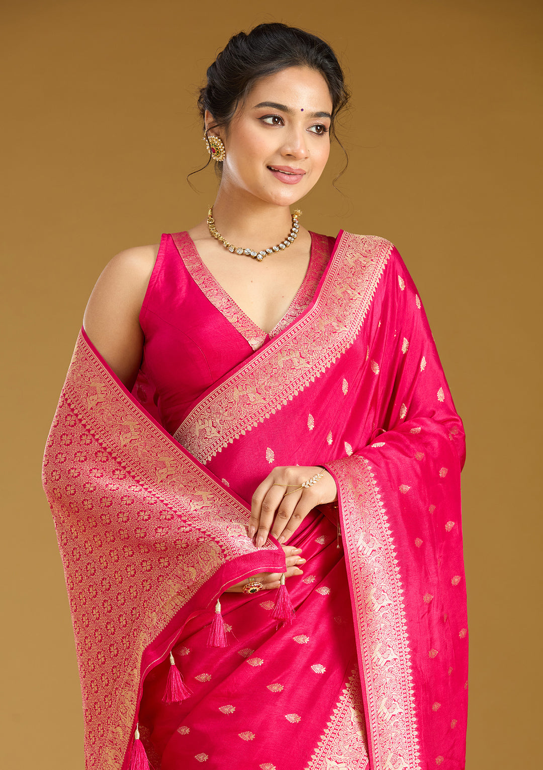 Rani Pink Zariwork (Gold) Silk Silk Saree