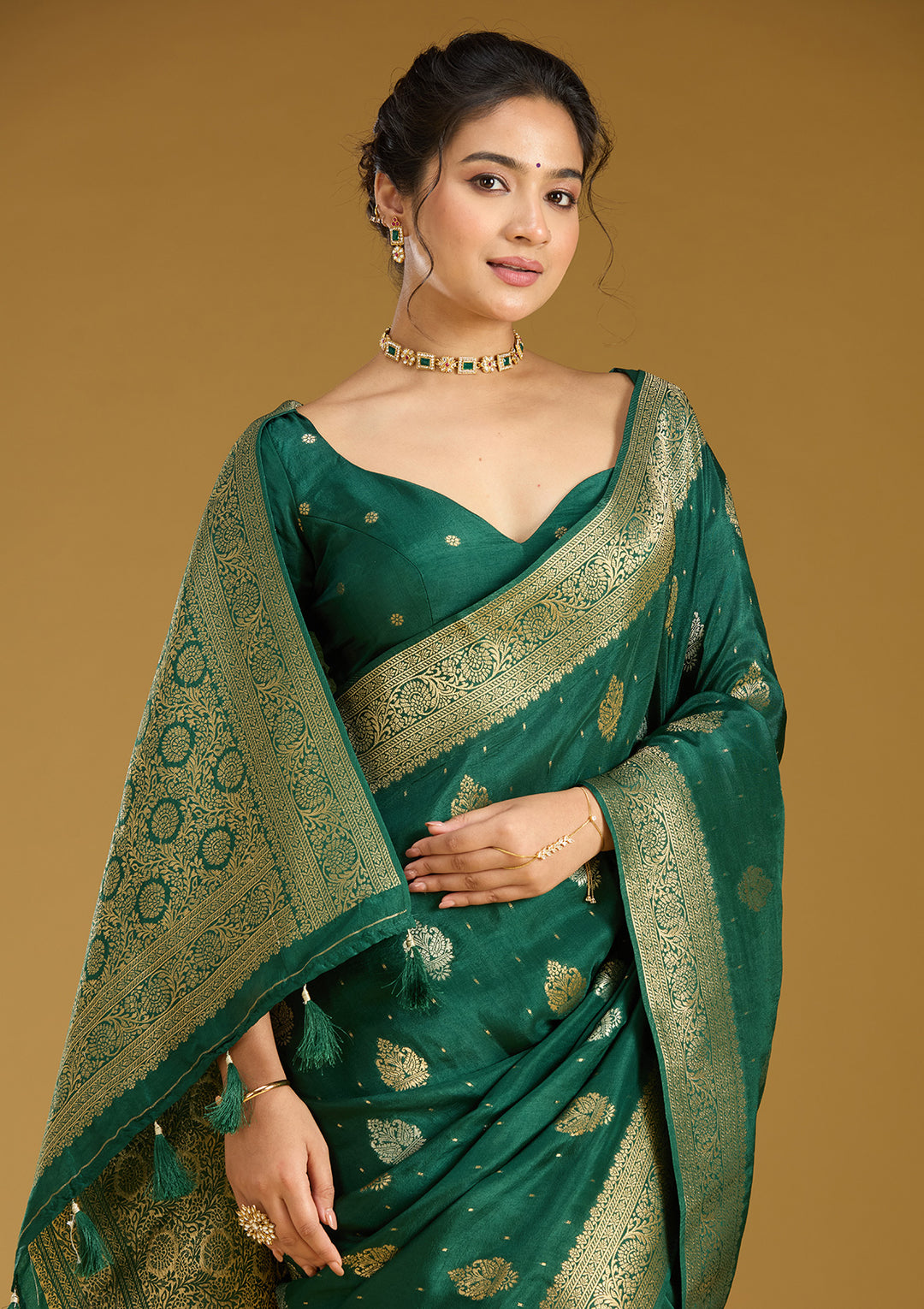 Bottle Green Zariwork (Gold) Silk Saree