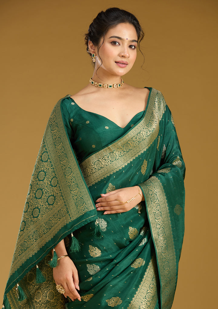 Bottle Green Zariwork (Gold) Silk Saree
