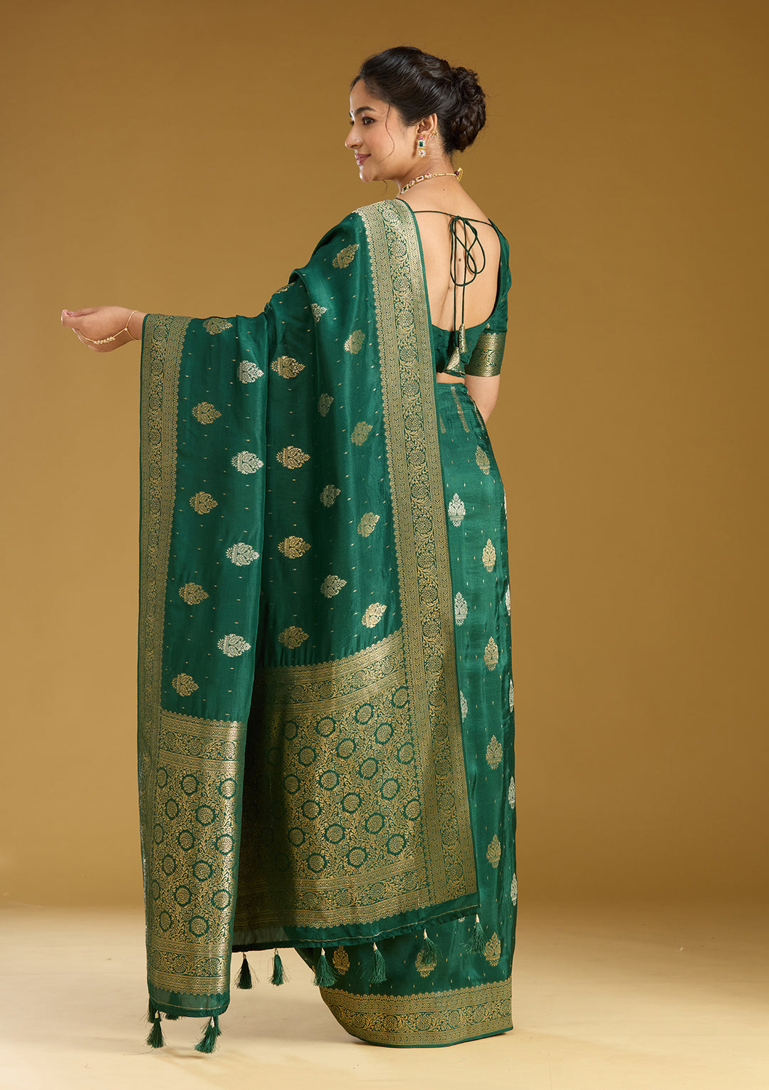 Bottle Green Zariwork (Gold) Silk Saree