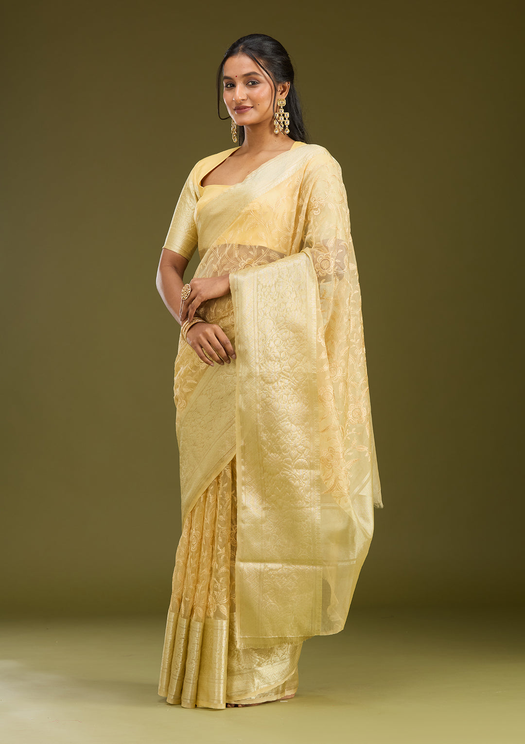 Beige Zariwork (Gold) Silk Saree