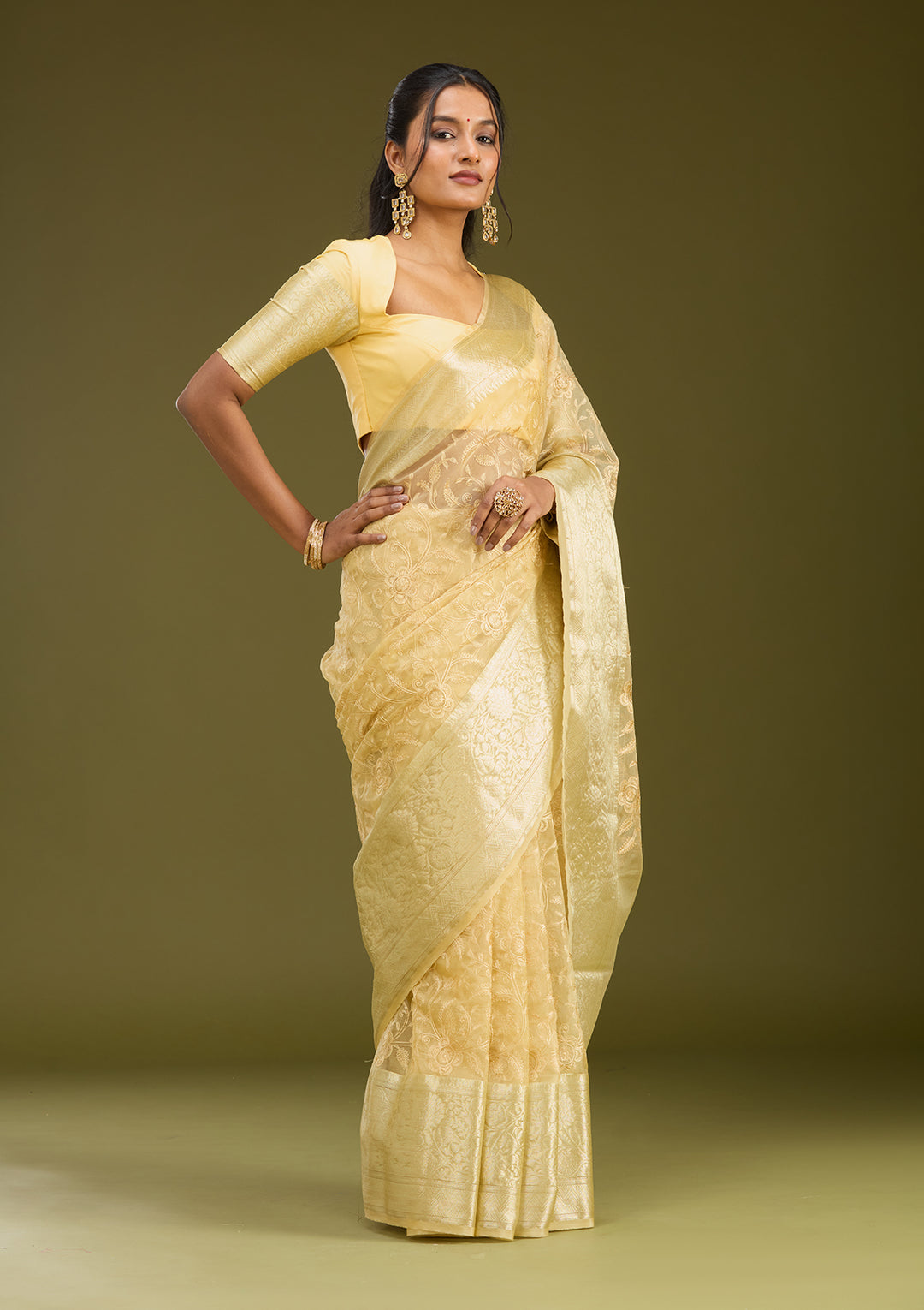 Beige Zariwork (Gold) Silk Saree