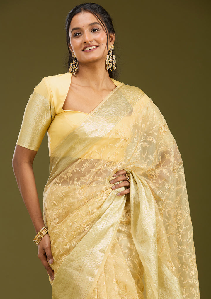 Beige Zariwork (Gold) Silk Saree